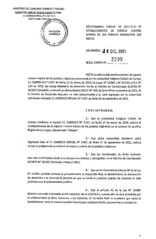 Res. Ex. N° 3299-2021 Desistimiento parcial de solicitud de establecimiento de ECMPO Compu. (Publicado en Página Web 20-12-2021)