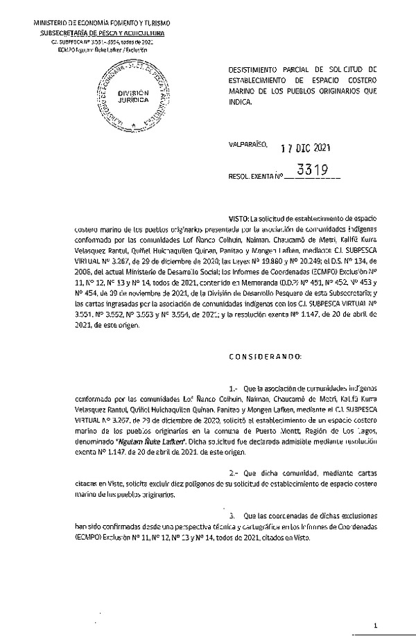 Res. Ex. N° 3319-2021 Desistimiento parcial de solicitud de establecimiento de ECMPO Nagulam Ñuke Lafken. (Publicado en Página Web 20-12-2021)