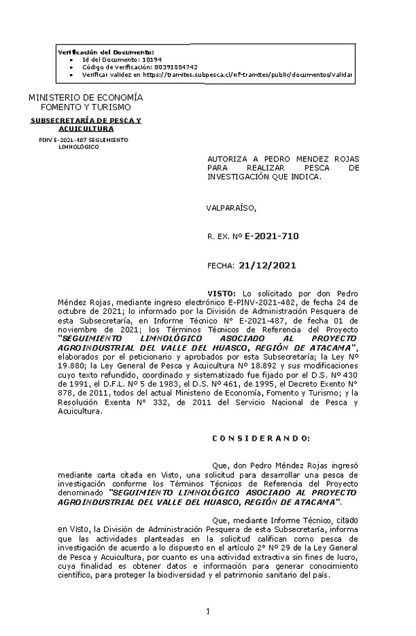 R. EX. Nº E-2021-710 SEGUIMIENTO LIMNOLÓGICO ASOCIADO AL PROYECTO AGROINDUSTRIAL DEL VALLE DEL HUASCO, REGIÓN DE ATACAMA. (Publicado en Página Web 21-12-2021).