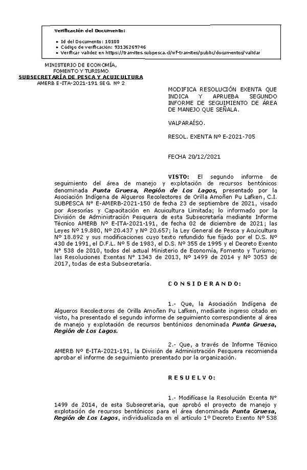 RESOL. EXENTA Nº E-2021-705 Modifica resolución que indica, Aprueba 2°. (Publicado en Página Web 21-12-2021).