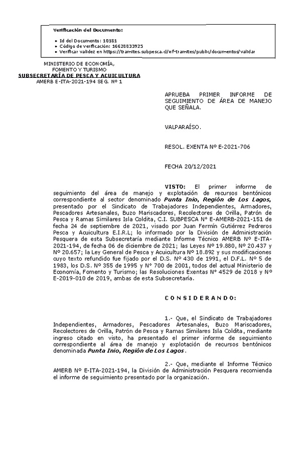 RESOL. EXENTA Nº E-2021-706 Aprueba 1°seguimiento. (Publicado en Página Web 21-12-2021).