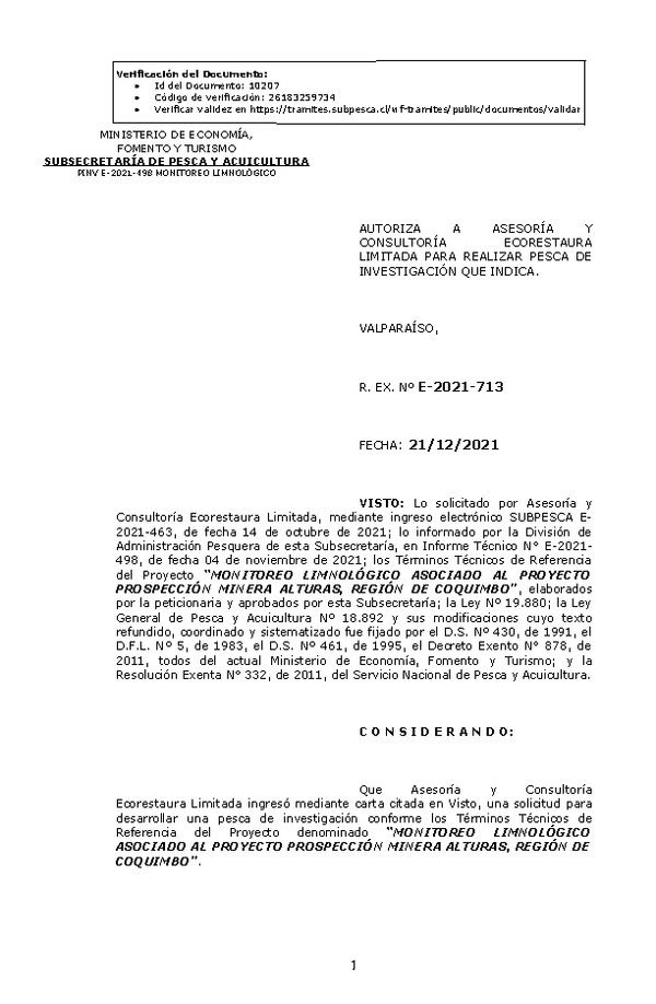 R. EX. Nº E-2021-713 MONITOREO LIMNOLÓGICO ASOCIADO AL PROYECTO PROSPECCIÓN MINERA ALTURAS, REGIÓN DE COQUIMBO. (Publicado en Página Web 21-12-2021).