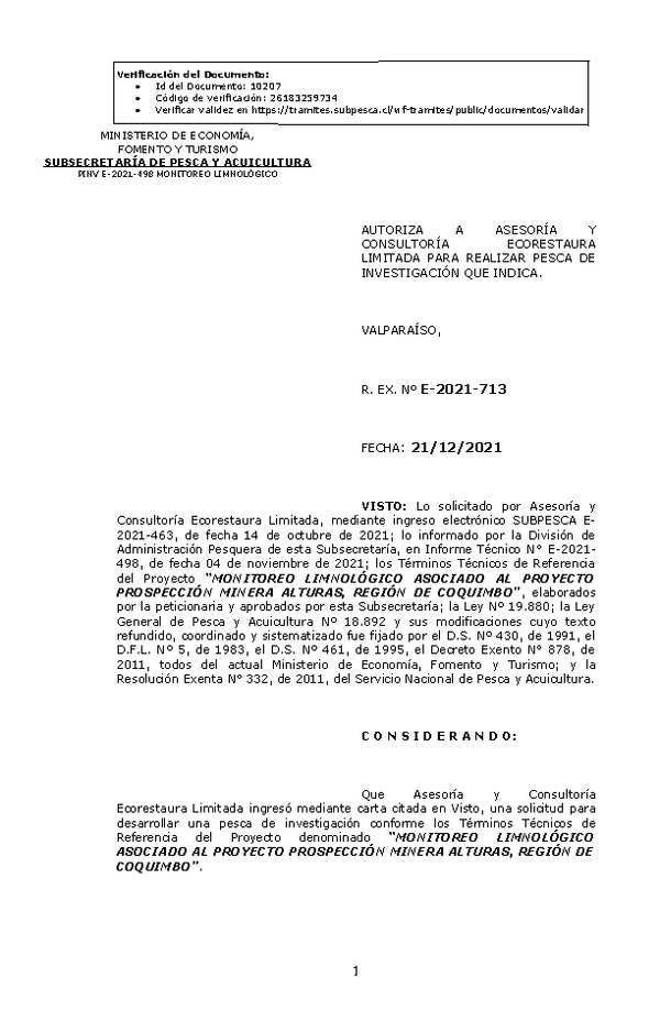 R. EX. Nº E-2021-713 MONITOREO LIMNOLÓGICO ASOCIADO AL PROYECTO PROSPECCIÓN MINERA ALTURAS, REGIÓN DE COQUIMBO. (Publicado en Página Web 21-12-2021).