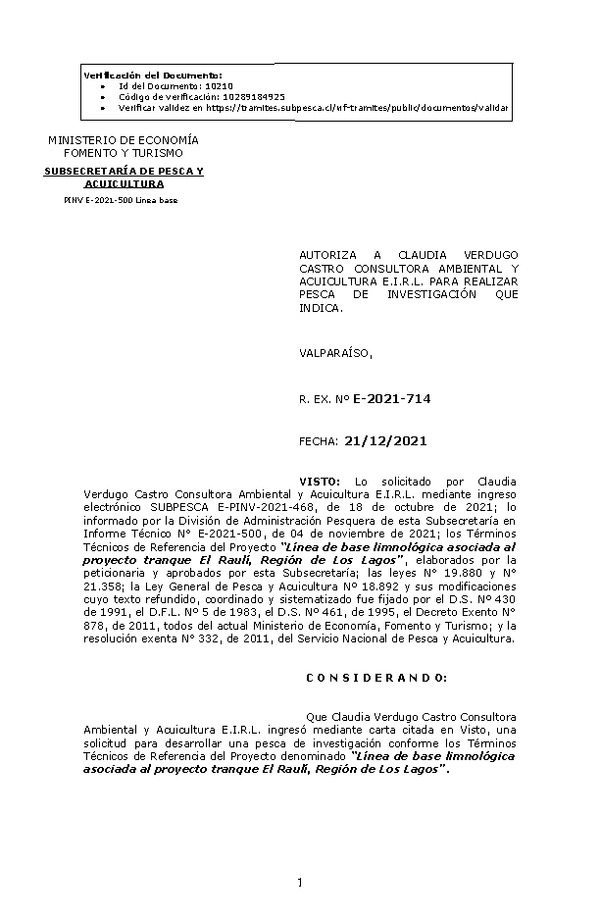 R. EX. Nº E-2021-714 Línea de base limnológica asociada al proyecto tranque El Raulí, Región de Los Lagos. (Publicado en Página Web 21-12-2021).