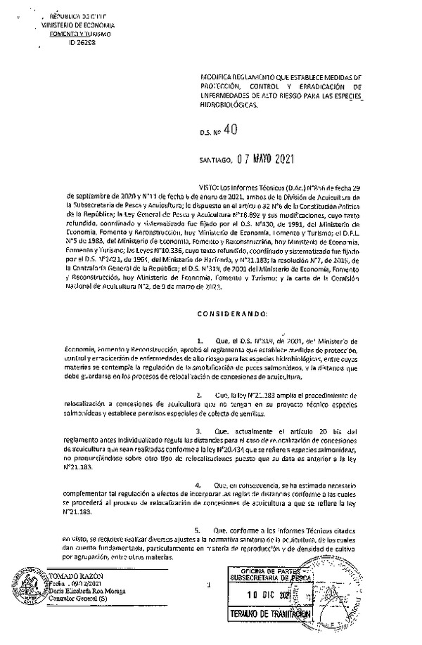 D.S. N° 40-2020 Modifica. D.S. N° 319-2001 Reglamento de Medidas de Protección, Control y Erradicación de Enfermedades de Alto Riesgo para las Especies Hidrobiológicas. (Publicado en Página Web 21-12-2021)