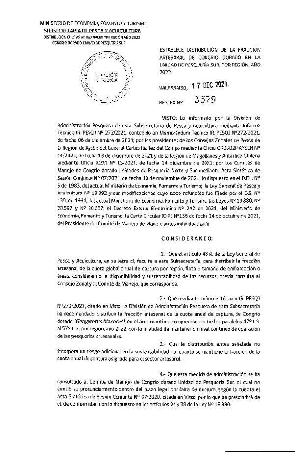 Res. Ex. N° 3329-2021 Establece Distribución de la Fracción Artesanal de Congrio Dorado, Unidad de Pesquería Sur, Por Región, Año 2022. (Publicado en Página Web 21-12-2021)