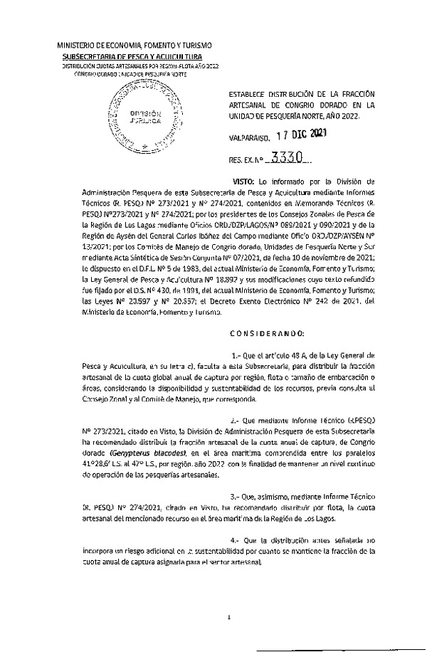 Res. Ex. N° 3330-2021 Establece Distribución de la Fracción Artesanal de Congrio Dorado, Unidad de Pesquería Norte, Año 2022. (Publicado en Página Web 21-12-2021)