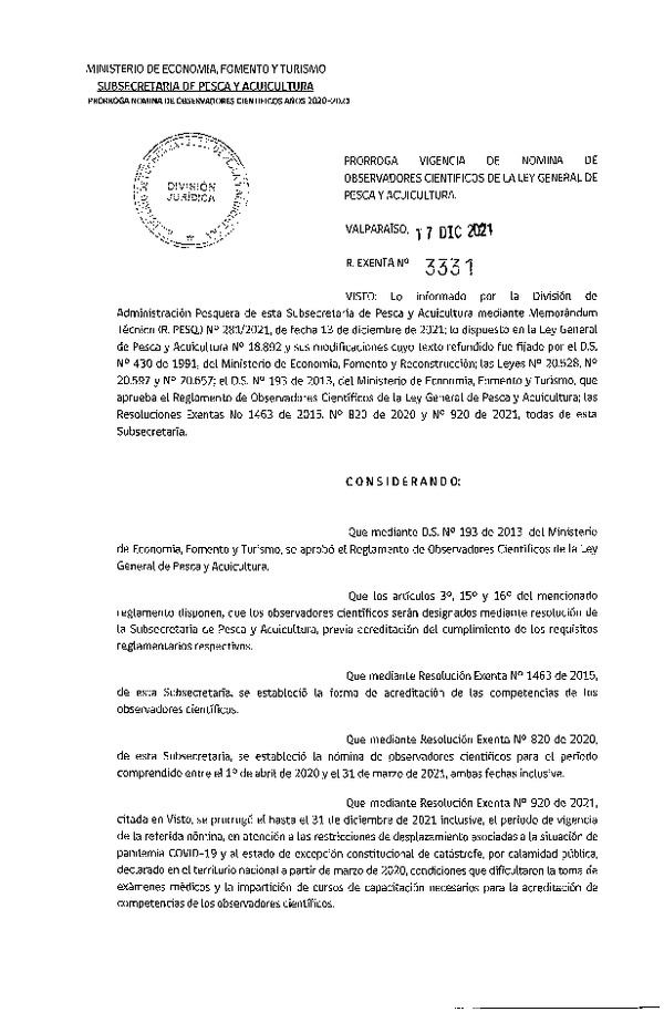 Res. Ex. N° 3331-2021 Prorroga Vigencia de Nómina de Observadores Científicos de la Ley General de Pesca y Acuicultura. (Publicado en Página Web 21-12-2021)