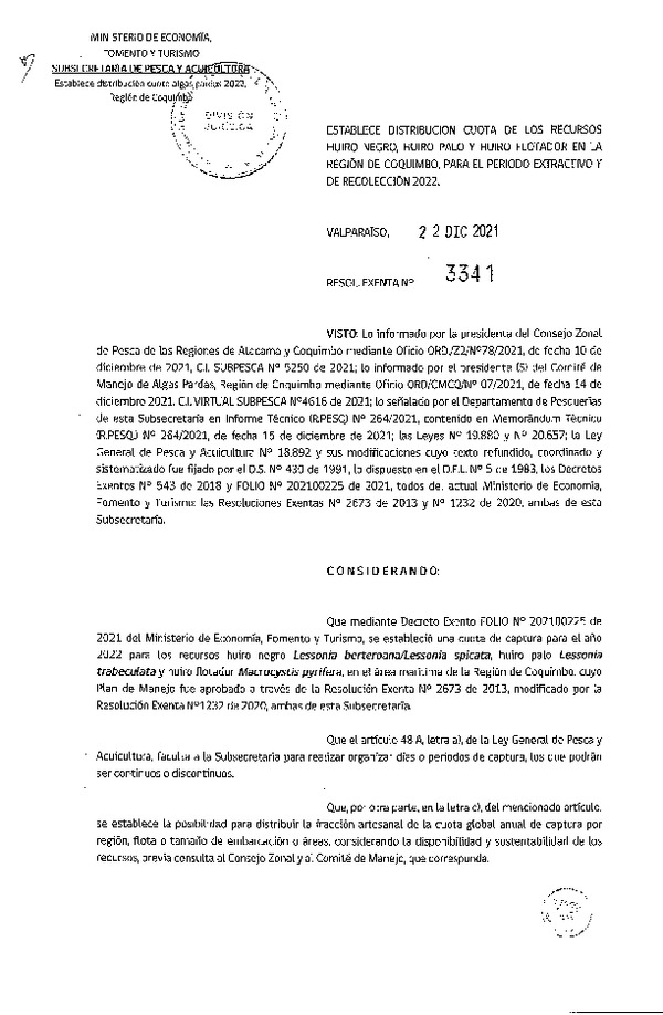 Res. Ex N° 3341-2021 Establece distribución Cuota de los recursos Huiro Negro, Huiro Palo y Huiro Flotador para el Período Extractivo y de Recolección en la Región de Coquimbo, año 2022 (Publicado en Página Web 23-12-2021)