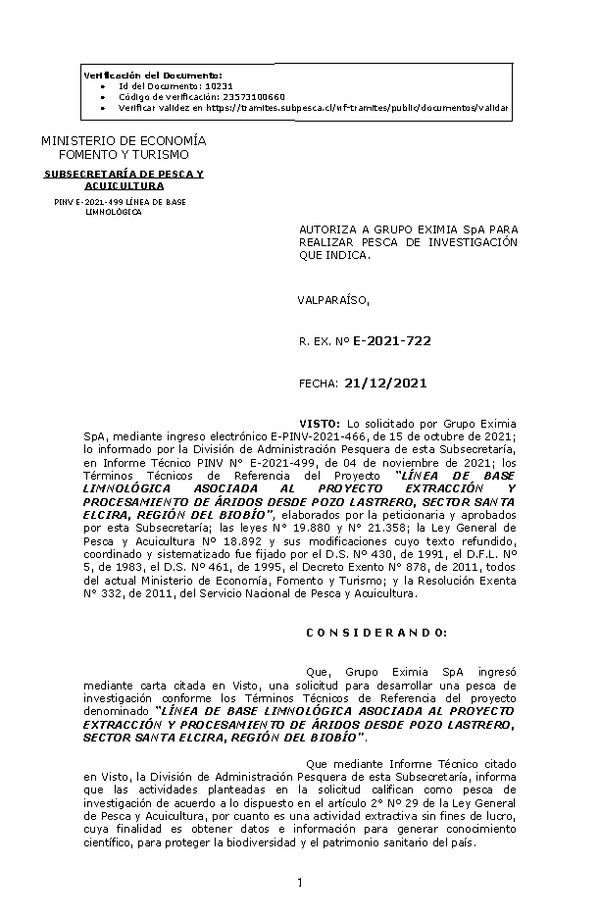 R. EX. Nº E-2021-722 LÍNEA DE BASE LIMNOLÓGICA ASOCIADA AL PROYECTO EXTRACCIÓN Y PROCESAMIENTO DE ÁRIDOS DESDE POZO LASTRERO, SECTOR SANTA ELCIRA, REGIÓN DEL BIOBÍO. (Publicado en Página Web 23-12-2021).