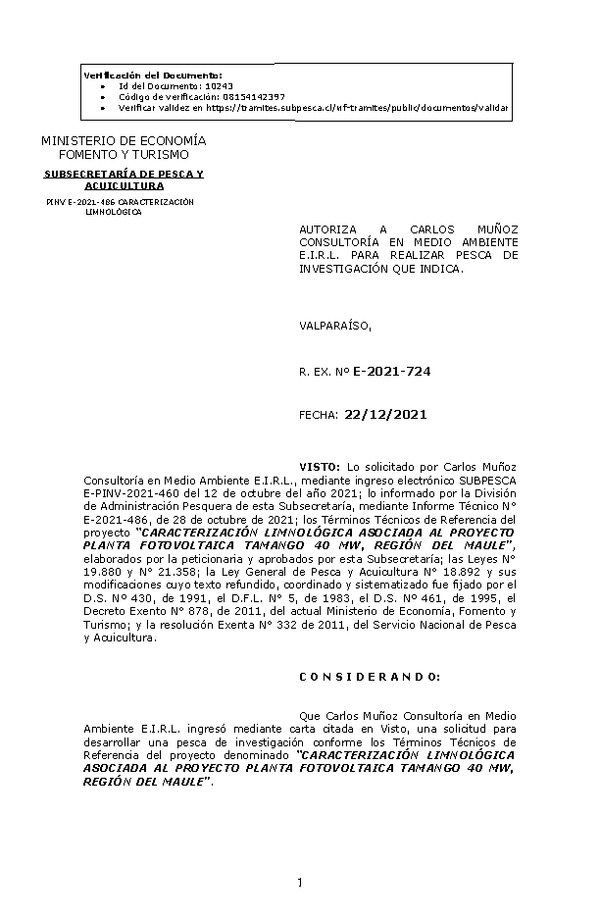 R. EX. Nº E-2021-724 CARACTERIZACIÓN LIMNOLÓGICA ASOCIADA AL PROYECTO PLANTA FOTOVOLTAICA TAMANGO 40 MW, REGIÓN DEL MAULE. (Publicado en Página Web 23-12-2021).