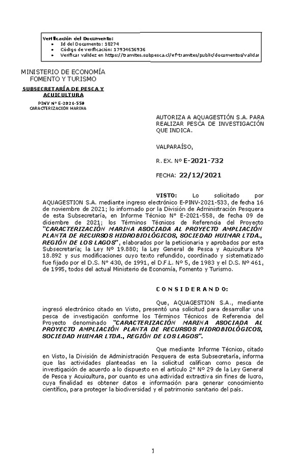 R. EX. Nº E-2021-732 CARACTERIZACIÓN MARINA ASOCIADA AL PROYECTO AMPLIACIÓN PLANTA DE RECURSOS HIDROBIOLÓGICOS, SOCIEDAD HUIMAR LTDA., REGIÓN DE LOS LAGOS. (Publicado en Página Web 23-12-2021).