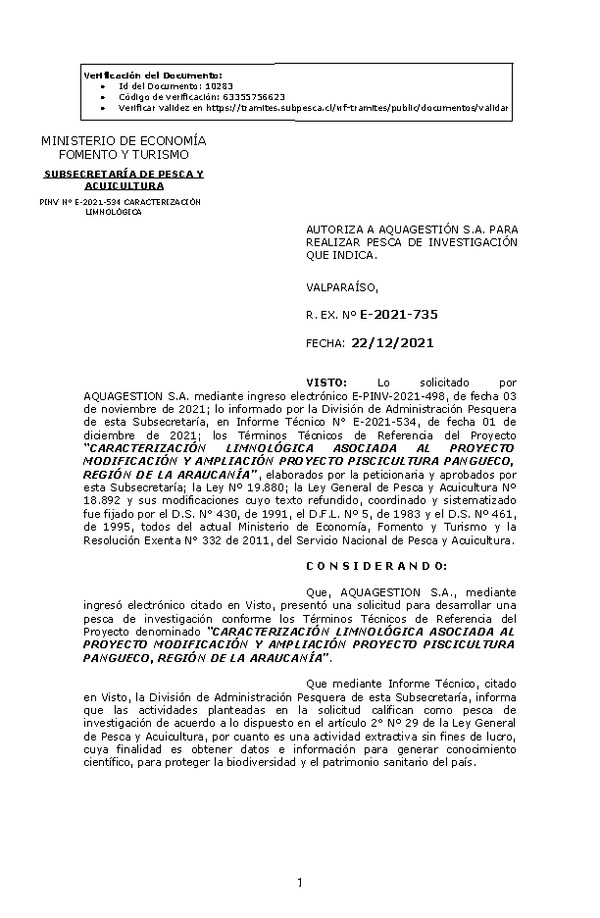 R. EX. Nº E-2021-735 CARACTERIZACIÓN LIMNOLÓGICA ASOCIADA AL PROYECTO MODIFICACIÓN Y AMPLIACIÓN PROYECTO PISCICULTURA PANGUECO, REGIÓN DE LA ARAUCANÍA. (Publicado en Página Web 23-12-2021).