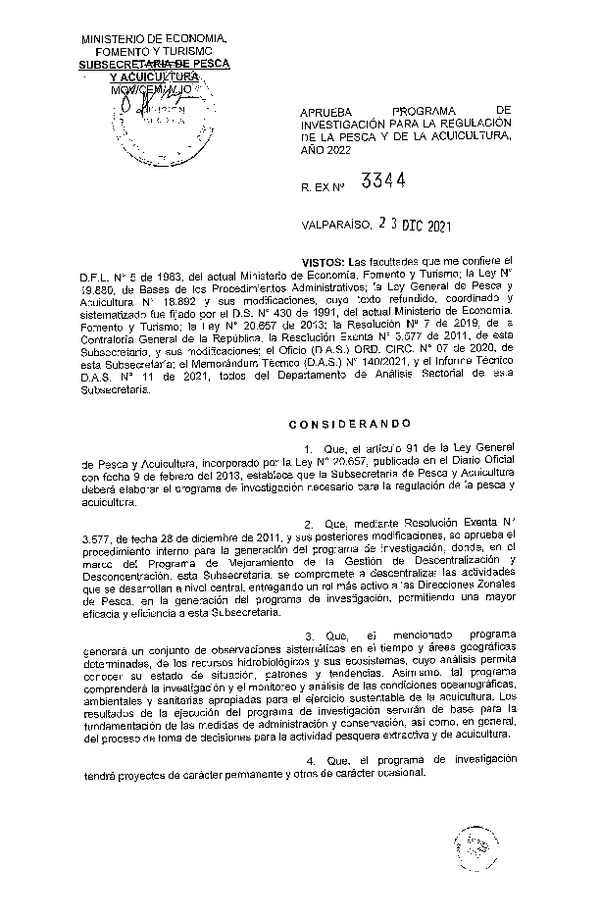 Res. Ex. N° 3344-2021 Aprueba Programa de Investigación para la Regulación de la Pesca y de la Acuicultura, Año 2022. (Publicado en Página Web 23-12-2021)