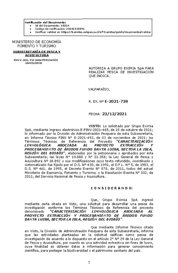 R. EX. Nº E-2021-738 CARACTERIZACIÓN LIMNOLÓGICA ASOCIADA AL PROYECTO EXTRACCIÓN Y PROCESAMIENTO DE ÁRIDOS FUNDO SANTA LUISA, SECTOR LA ISLA, REGIÓN DEL BIOBÍO. (Publicado en Página Web 23-12-2021).