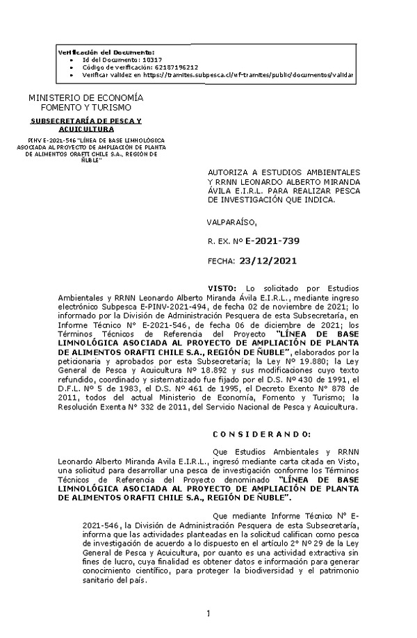 R. EX. Nº E-2021-739 LÍNEA DE BASE LIMNOLÓGICA ASOCIADA AL PROYECTO DE AMPLIACIÓN DE PLANTA DE ALIMENTOS ORAFTI CHILE S.A., REGIÓN DE ÑUBLE. (Publicado en Página Web 23-12-2021).