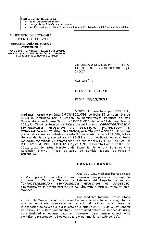 R. EX. Nº E-2021-740 CARACTERIZACIÓN LIMNOLÓGICA ASOCIADA AL PROYECTO EXTRACCIÓN Y PROCESAMIENTO DE ÁRIDOS L'ISOLA, REGIÓN DEL ÑUBLE. (Publicado en Página Web 23-12-2021).