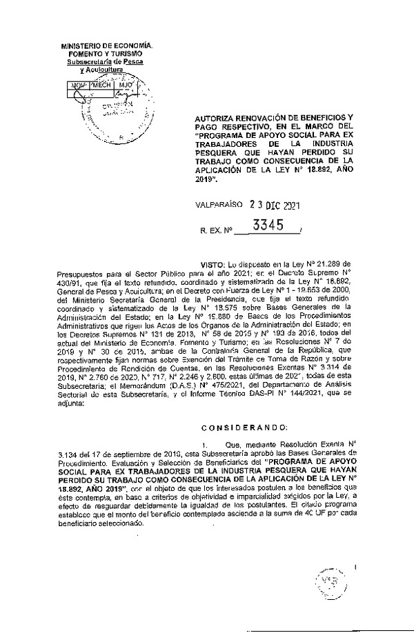 Res. Ex. N° 3345-2021 Autoriza renovación de beneficios y pago respectivo  en el marco del programa que se indica. (Publicado en Página Web 24-12-2021)