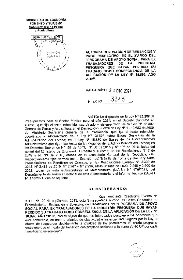 Res. Ex. N° 3346-2021 Autoriza renovación de beneficios y pago respectivo  en el marco del programa que se indica. (Publicado en Página Web 24-12-2021)