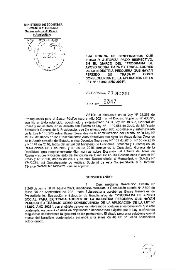 Res. Ex. N° 3347-2021 Fija nómina de beneficiarios que indica y autoriza pago, en el marco del programa que se indica. (Publicado en Página Web 24-12-2021)