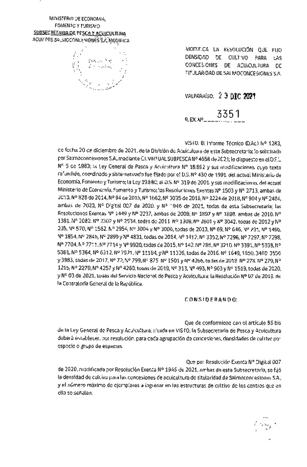 Res. Ex. N° 3351-2021 Modifica Res. Ex. DIG N° 007-2020 Fija densidad de cultivo para concesiones de acuicultura de titularidad de Salmoconcesiones S.A. (Publicado en Página Web 24-12-2021)