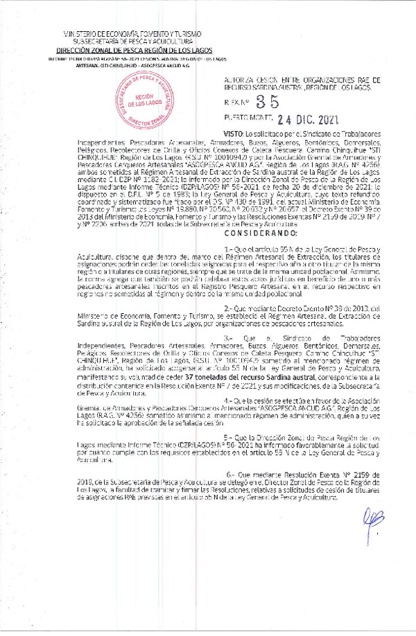Res. Ex. 35-2021 (DZP Los Lagos) Autoriza cesión sardina austral Región de Los Lagos. (Publicado en Página Web 27-12-2021)