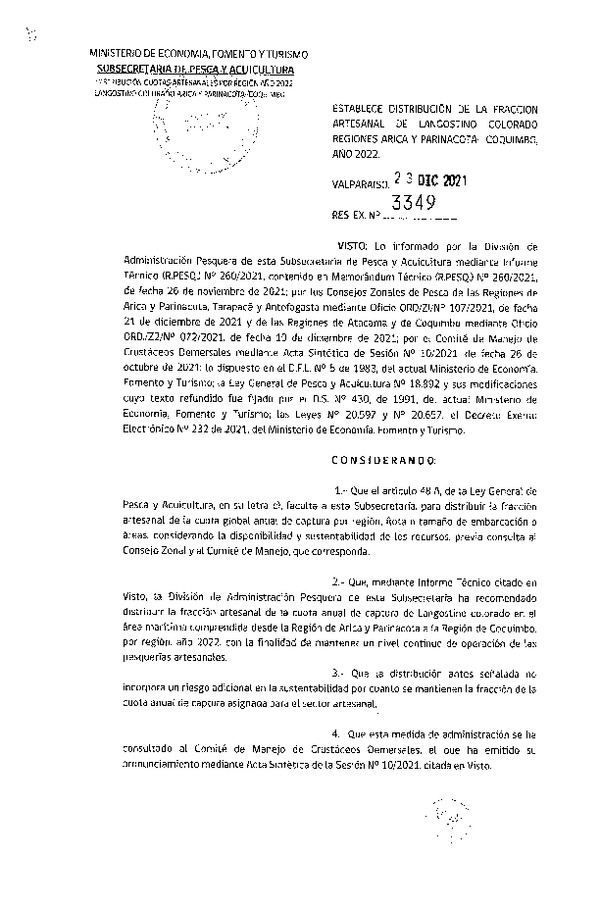 Res. Ex. N° 3349-2021 Establece Distribución de la Fracción Artesanal de Langostino Colorado Regiones de Arica y Parinacota-Coquimbo, Año 2022. (Publicado en Página Web 27-12-2021)