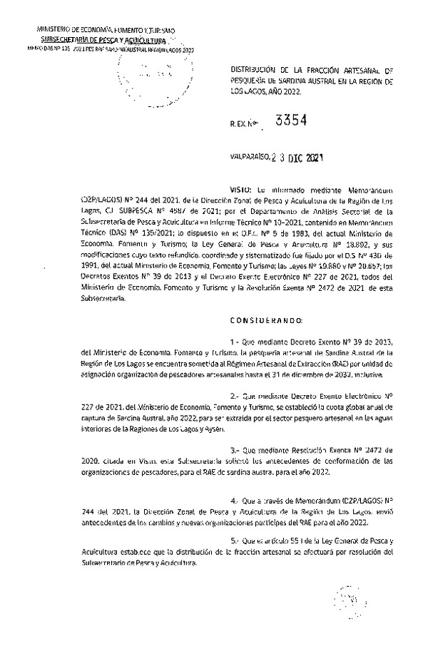 Res. Ex. N° 3354-2021 Distribución de la Fracción Artesanal de Pesquería de Sardina Austral, Región de Los Lagos, Año 2022. (Publicado en Página Web 27-12-2021)