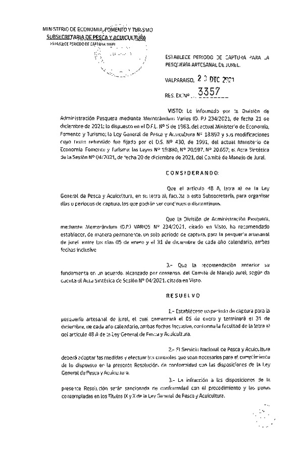 Res. Ex. N° 3357-2021 Establece Periodo de Captura para la Pesquería Artesanal de Jurel. (Publicado en Página Web 27-12-2021)