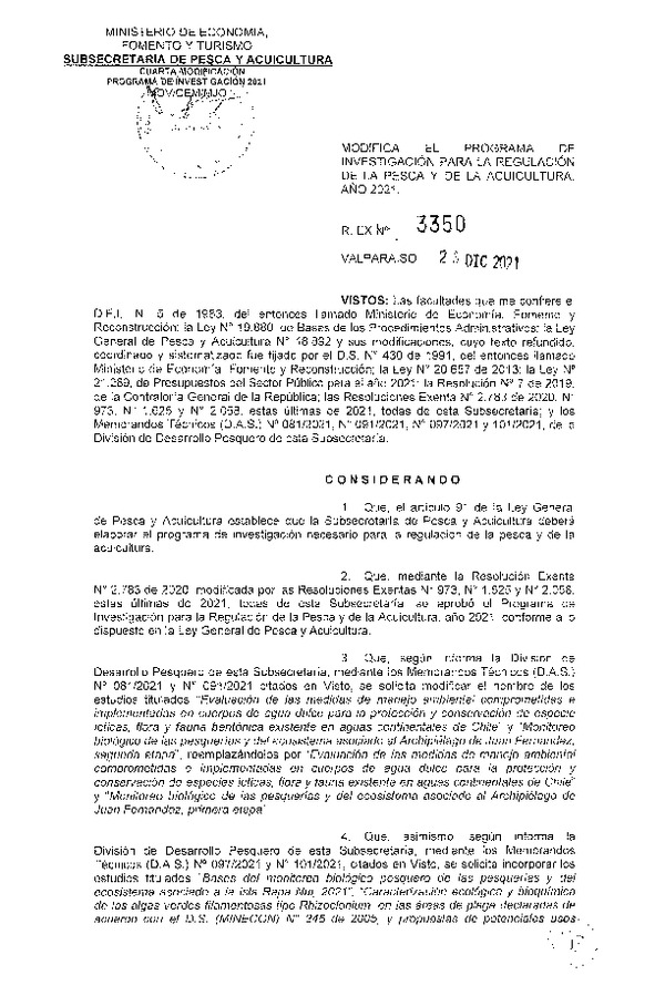 Res. Ex. N° 3350-2021 Modifica Res. Ex. N° 2783-2020 Programa de Investigación para la Regulación de la Pesca y de la Acuicultura, Año 2021. (Publicado en Página Web 27-12-2021)