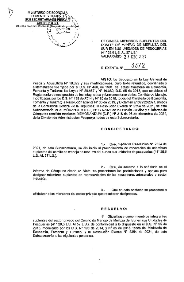 Res. Ex. N° 3372-2021 Oficializa Miembros Suplentes del Comité de Manejo de Merluza del Sur en sus Unidades de Pesquería (41°28,6 L.S. al 57 L.S.). (Publicado en Página Web 28-12-2021)