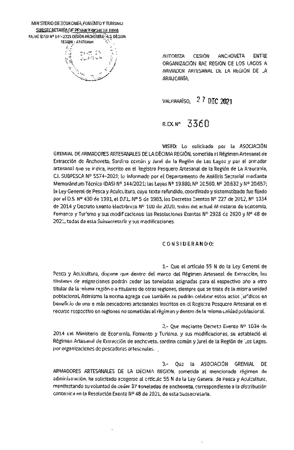 Res. Ex. N° 3360-2021 Autoriza Cesión Anchoveta, Región de Los Lagos a La Araucanía. (Publicado en Página Web 28-12-2021)