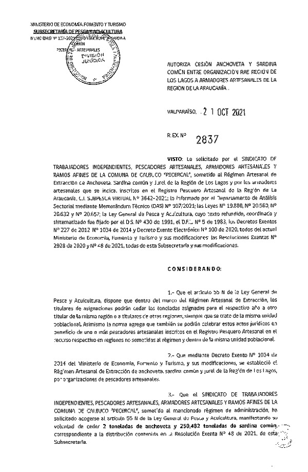 Res. Ex. N° 2837-2021 Autoriza cesión Anchoveta y Sardina común, Región de Los Lagos a La Araucanía.