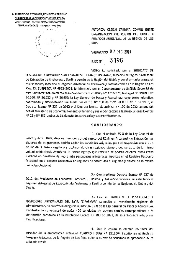 Res. Ex. N° 3190-2021 Autoriza cesión Sardina común, Región del Biobío a Región de Los Ríos.