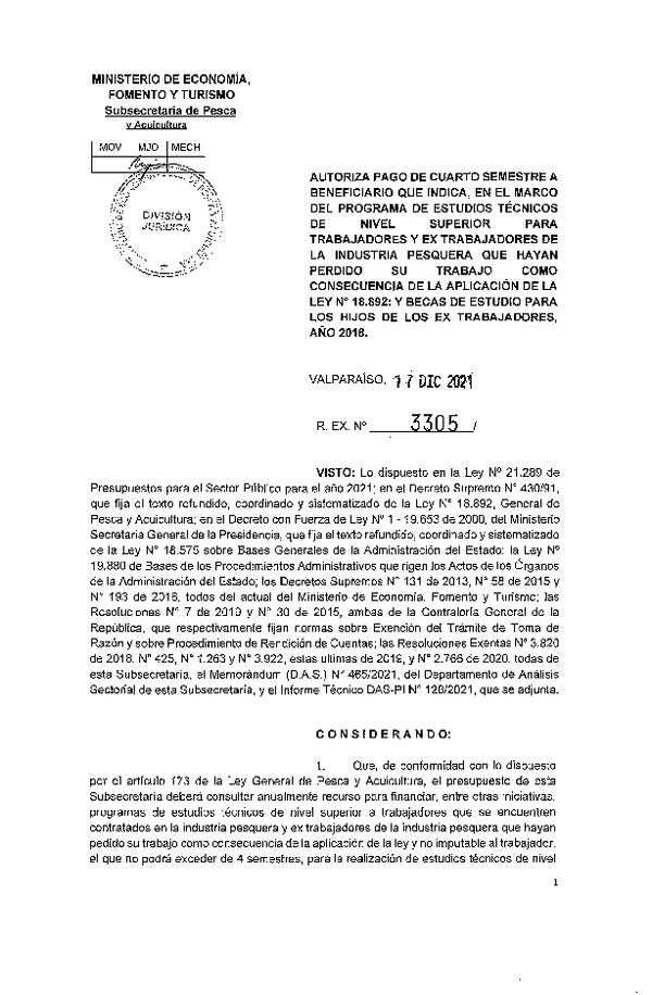 Res. Ex. N° 3305-2021 Autoriza pago de cuarto semestre a beneficiarios que se indica. (Publicado en Página Web 28-12-2021)