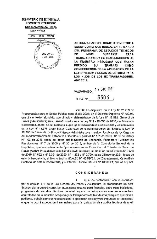 Res. Ex. N° 3306-2021 Autoriza pago de cuarto semestre a beneficiarios que se indica. (Publicado en Página Web 28-12-2021)