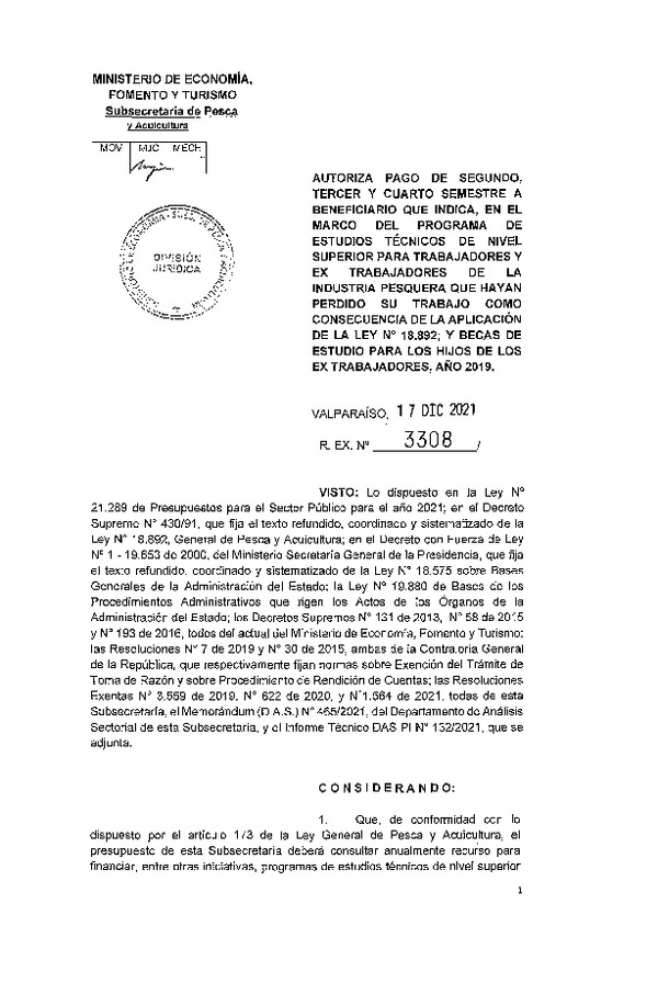 Res. Ex. N° 3308-2021 Autoriza pago de segundo, tercer y cuarto semestre a beneficiario que indica. (Publicado en Página Web 28-12-2021)