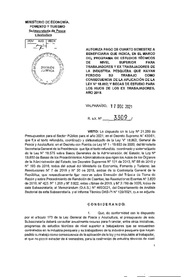 Res. Ex. N° 3309-2021 Autoriza pago de cuarto semestre a beneficiaria que indica. (Publicado en Página Web 28-12-2021)