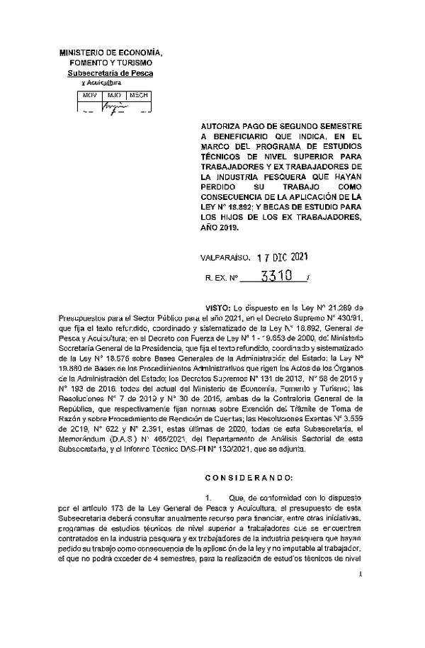 Res. Ex. N° 3310-2021 Autoriza pago de segundo semestre a beneficiario que indica. (Publicado en Página Web 28-12-2021)