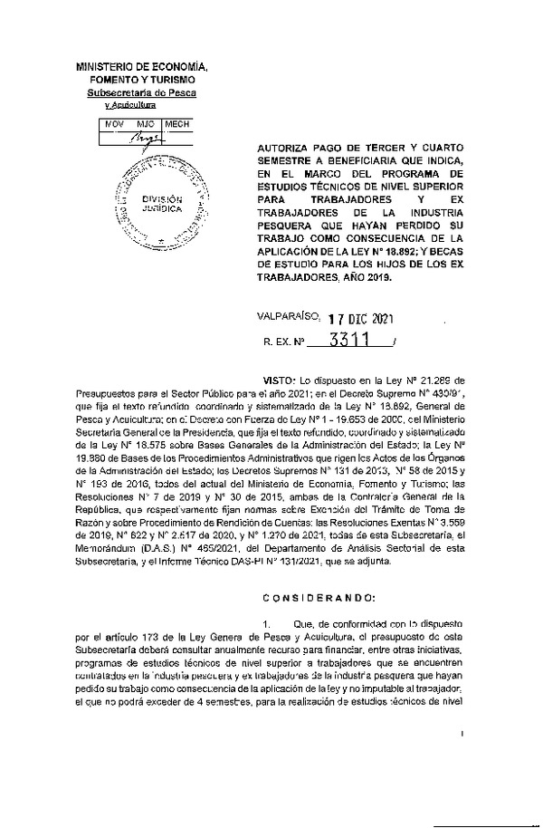 Res. Ex. N° 3311-2021 Autoriza pago de tercer y cuarto semestre a beneficiaria que indica. (Publicado en Página Web 28-12-2021)