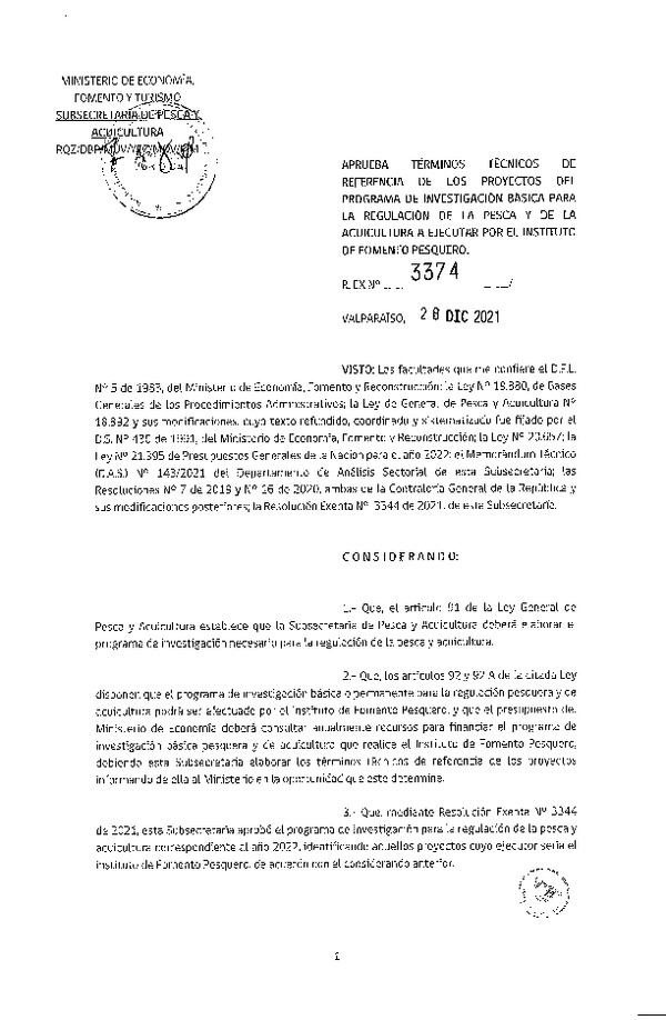 Res. Ex. N° 3374-2021 Aprueba Términos Técnicos de Referencia de los Proyectos del Programa de Investigación Básica para la Regulación de la Pesca y de la Acuicultura a Ejecutar por el Instituto de Fomento Pesquero. (Publicado en Página Web 28-12-2021)