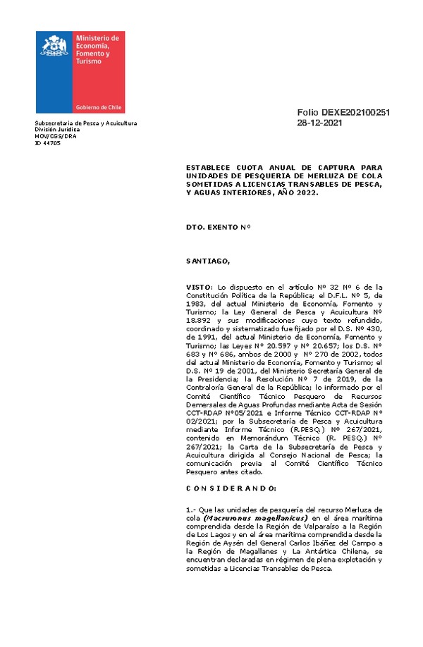 Dec. Ex. Folio 202100251 Establece Cuota Anual de Captura para unidades de Pesquerías de Merluza de Cola, Sometidas a Licencias Transables de Pesca y Aguas Interiores, Año 2022. (Publicado en Página Web 29-12-2021)