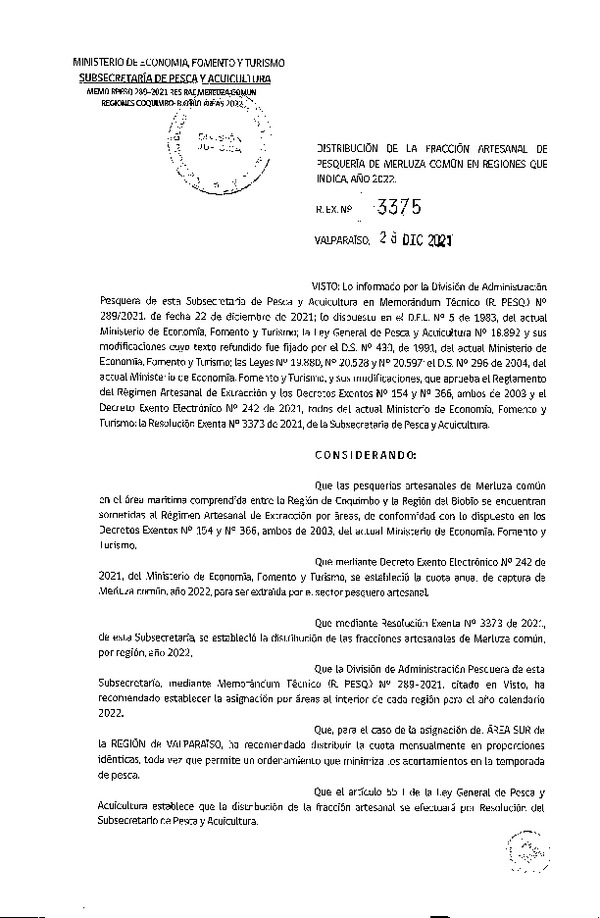 Res. Ex. N° 3375-2021 Distribución de la Fracción Artesanal de Pesquería de Merluza Común, en Regiones de Coquimbo al Biobío, Año 2022. (Publicado en Página Web 29-12-2021)