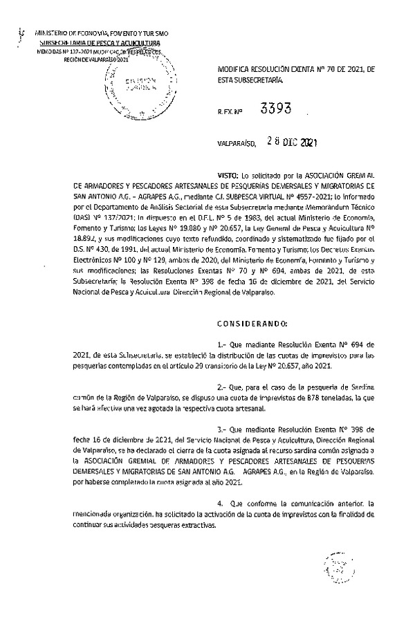 Res. Ex. N° 3393-2021 Modifica Resolución Exenta N°70-2021, de esta Subsecretaría. (Publicado en Página Web 29-12-2021)