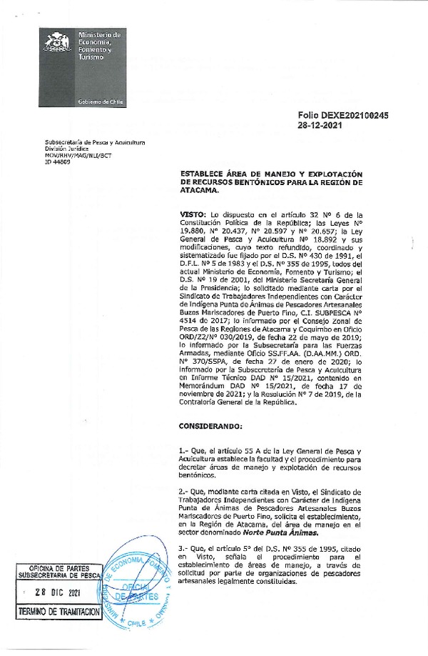 Dec. Ex. Folio N° DEXE202100245 Establece Área de Manejo Norte Punta Ánimas, Región de Atacama. (Publicado en Página Web 29-12-2021)