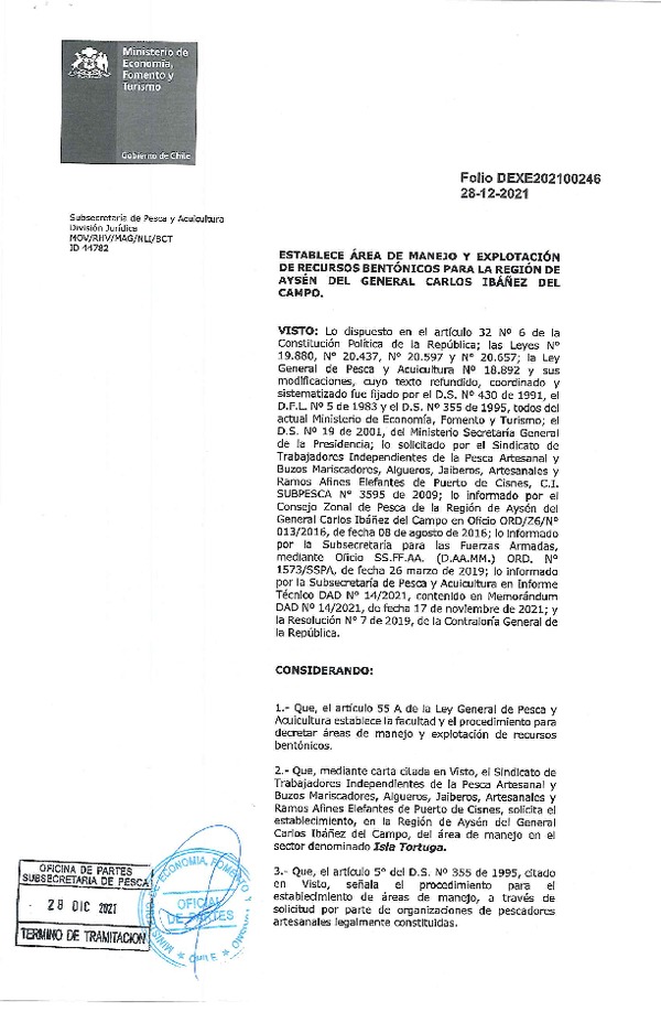 Dec. Ex. Folio N° DEXE202100246 Establece Área de Manejo Isla Tortuga, Región de Aysén del General Carlos Ibañez del Campo. (Publicado en Página Web 29-12-2021)