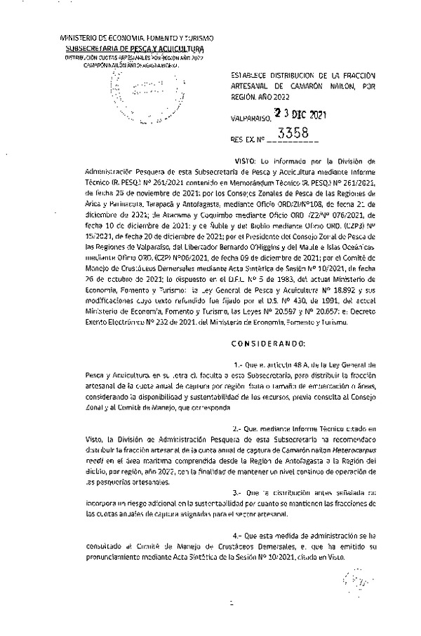 Res. Ex. N° 3358-2021 Establece Distribución de la Fracción Artesanal de Camarón Nailon, Por Región, Año 2022. (Publicado en Página Web 29-12-2021)