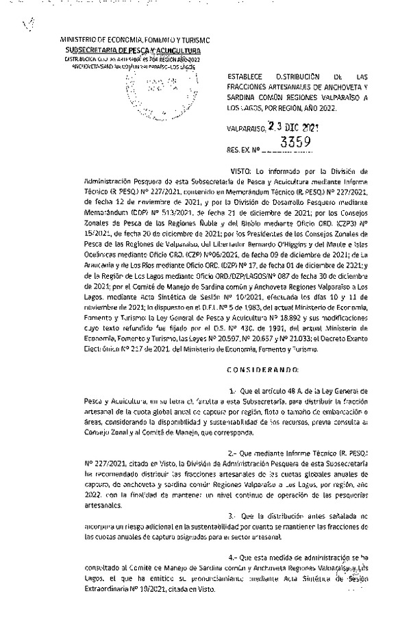 Res. Ex. N° 3359-2021 Establece Distribución de las Fracciones Artesanales de Anchoveta y Sardina Común, Regiones de Valparaíso a Los Lagos, por Región, Año 2022. (Publicado en Página Web 29-12-2021)