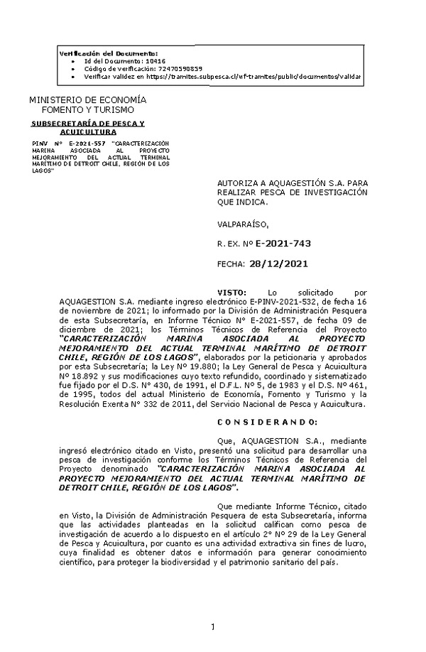 R. EX. Nº E-2021-743 CARACTERIZACIÓN MARINA ASOCIADA AL PROYECTO MEJORAMIENTO DEL ACTUAL TERMINAL MARÍTIMO DE DETROIT CHILE, REGIÓN DE LOS LAGOS. (Publicado en Página Web 29-12-2021).