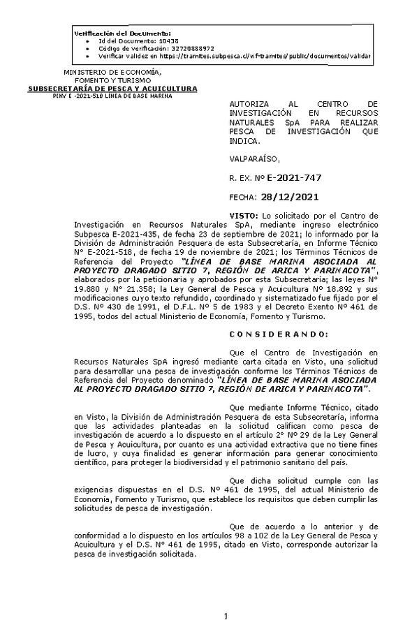 R. EX. Nº E-2021-747 LÍNEA DE BASE MARINA ASOCIADA AL PROYECTO DRAGADO SITIO 7, REGIÓN DE ARICA Y PARINACOTA. (Publicado en Página Web 29-12-2021).